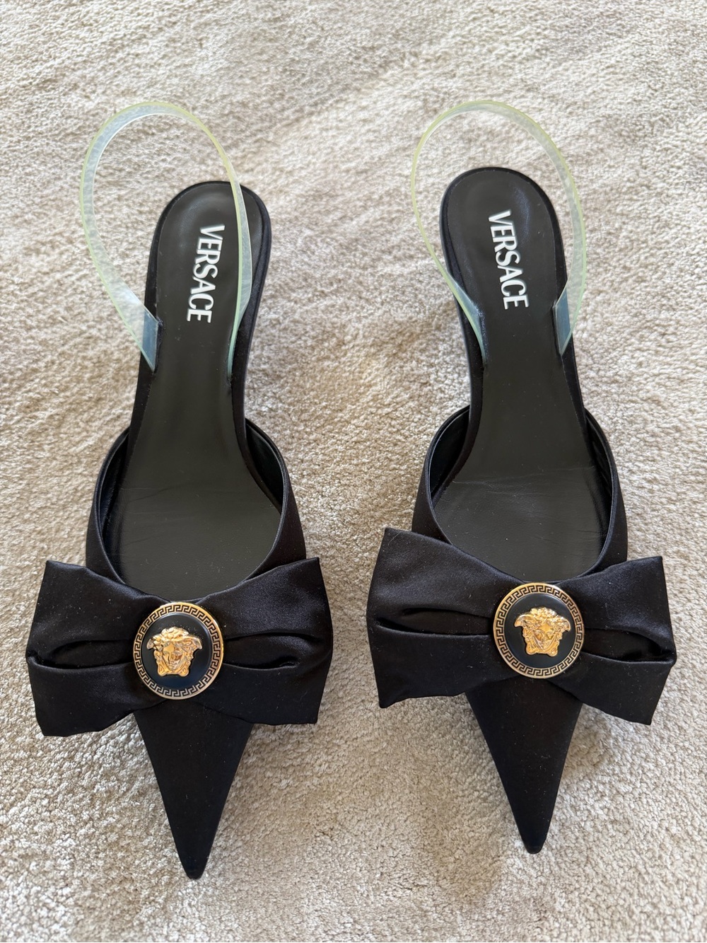 Versace Medusa Bow Embellished Rubber-trimmed Satin Slingback Pumps - Picture 7 of 7
